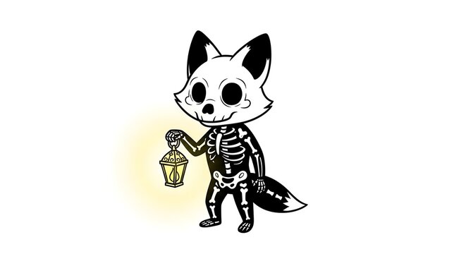 Cartoon fox skeleton holding a lantern with yellow light on a white background illustration art style