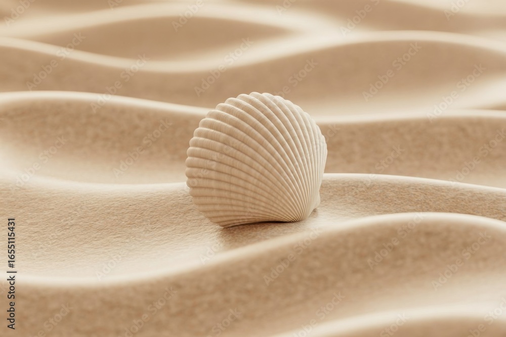 Poster seashell on the sand: the textured beauty of a delicate seashell resting on the undulating patterns 