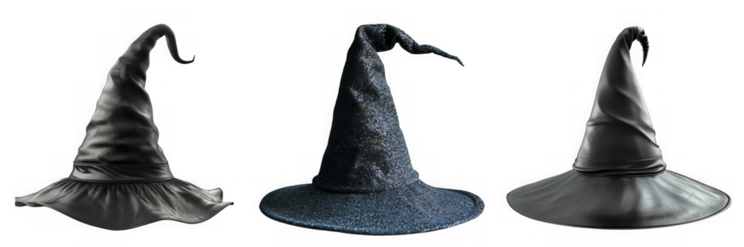 Three distinct black witch or wizard hats with pointed cones and wide brims, isolated on a transparent background, symbolizing magic, fantasy, and halloween