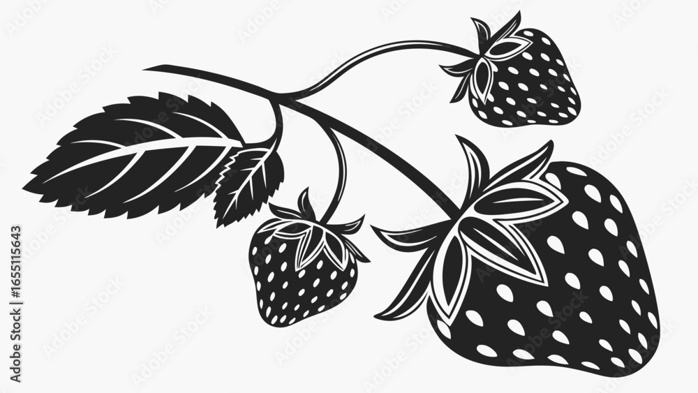 Poster illustration of a strawberry branch with three berries and a detailed leaf design element vector