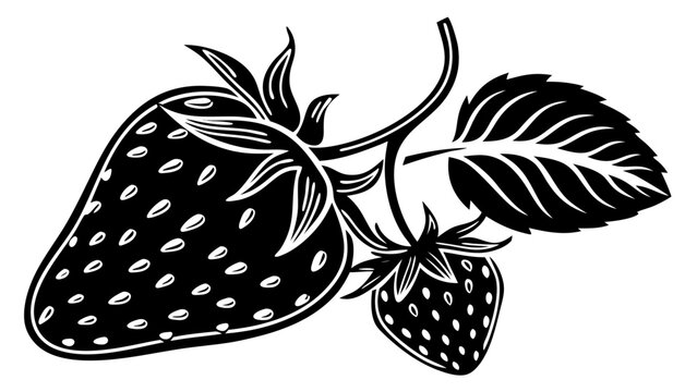 Illustration of two strawberries with leaves and seeds in black and white vector format design art