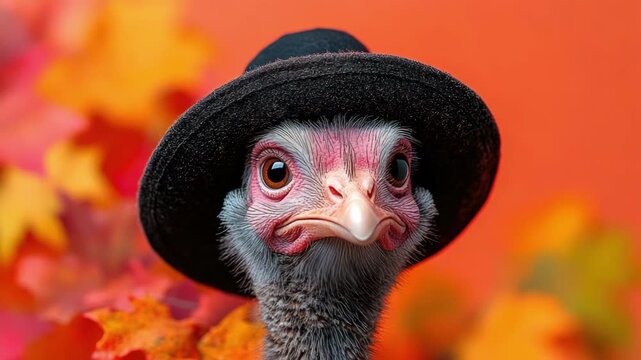 Turkey wearing black hat with autumn leaves in the background. Thanksgiving