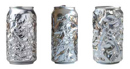Three crushed aluminum cans isolated on transparent background
