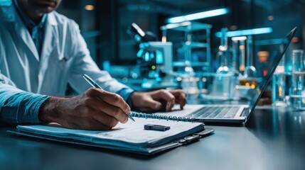 A focused medium shot of a researcher writing in a lab notebook with a USB drive plugged into laptop blurred lab instruments surrounding the workspace.