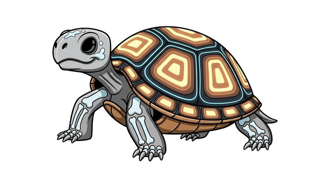 Cartoon turtle with skeletal features and a patterned shell standing on a white background