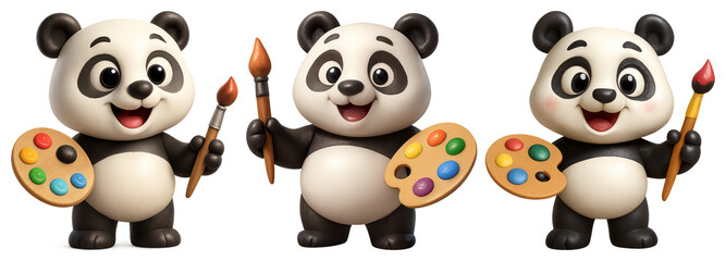 Naklejka premium PNG Three cartoon pandas holding paintbrushes and palettes element set on transparent background.