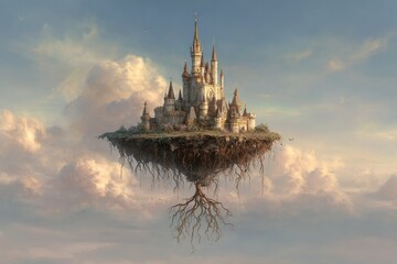A lonely castle atop a floating island with roots hanging below, symbolizing isolation and foundations, photorealistic, dreamy clouds