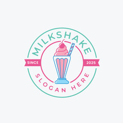 Milkshake Emblem Logo Design. Retro Cup Symbol With Straw In Fun Circular Badge Style.