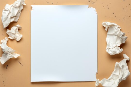 White sheet of paper with crumpled paper balls on beige table representing brainstorming and creative writing process - Powered by Adobe