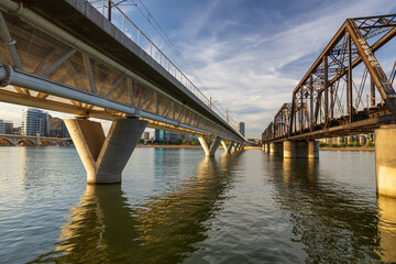 Rail Bridges over Tempe Town Lake at Sunrise in Arizona