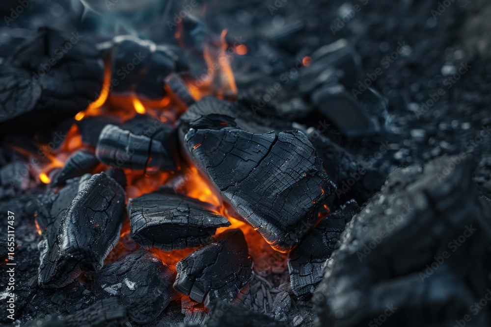 Poster close up of burning charcoal embers glowing with intense heat and energy, creating a mesmerizing dis