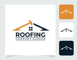 Roofing Logo Design. House Roof Symbol With Hammer Icon In Modern Construction Style.