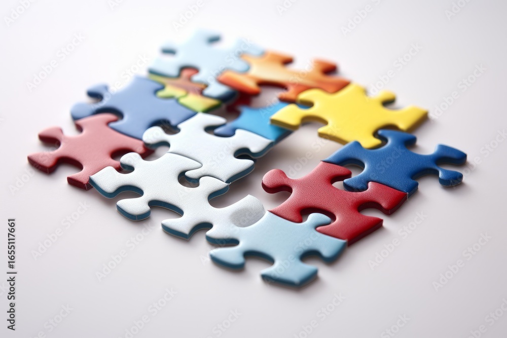 Aufkleber interlocking colorful jigsaw puzzle pieces forming a square demonstrate problem solving and teamwork