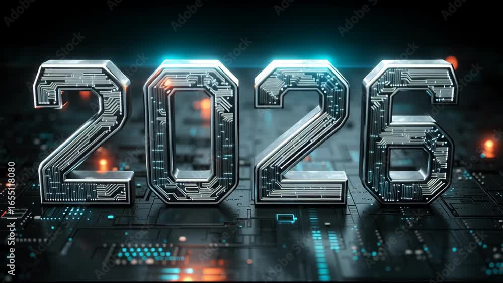 Poster in a digital landscape, bold numbers represent the year 2026 with intricate circuit patterns and glo