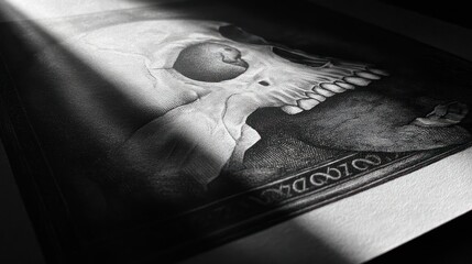 Close-up grayscale skull drawing, illuminated
