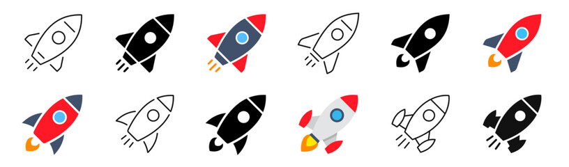 Rocket launch and Startup flat and line icons set. Spaceship symbol. Vector