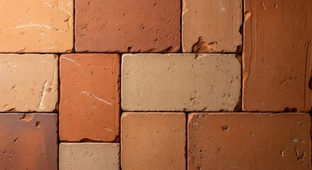 Obraz premium Close-up of a rustic and textured brick wall showcasing various earthy tones, ideal as an architectural backdrop or vintage design element.