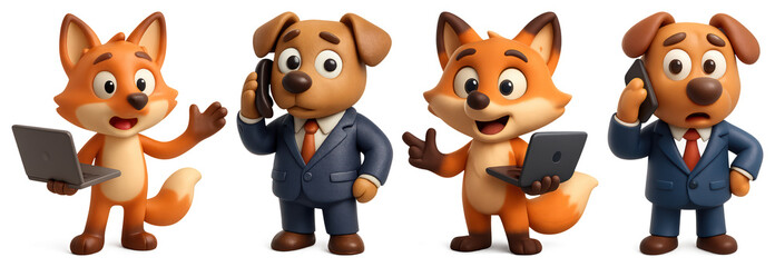 Obraz premium PNG Cartoon fox and dog in suits with laptops and phones element set on transparent background.