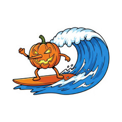 A cartoon pumpkin character is surfing on a wave, isolated on transparent background it is a fun and festive image for halloween