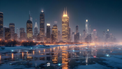High-tech futuristic skyline glowing with neon gold and silver during a dark, starlit winter night, skyscrapers connected by streaming data lights