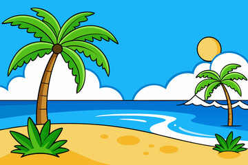 Fototapeta premium Cartoon tropical beach scene with palm trees and sunny sky