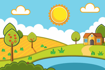 Fototapeta premium Charming cartoon farm landscape with a house trees and a pond
