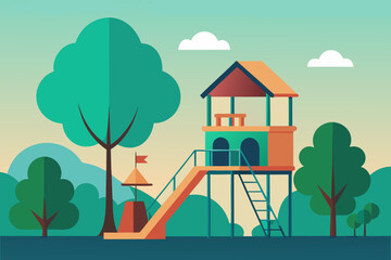 Colorful flat design playground with treehouse slide and climbing ladder