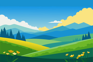 Obraz premium Vibrant rolling hills and majestic mountains under a bright blue sky