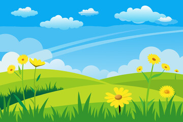 Fototapeta premium Vibrant green rolling hills under a bright blue sky with fluffy white clouds and yellow flowers