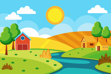 Vibrant cartoon farm landscape with red barn and yellow houses under a sunny sky