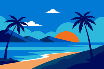 Obraz premium Stylized tropical beach scene at sunset with palm trees and mountains