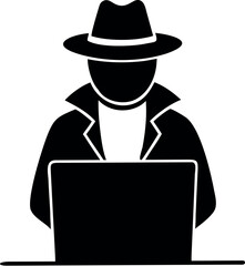 Mysterious hooded hacker with laptop computer flat icon vector