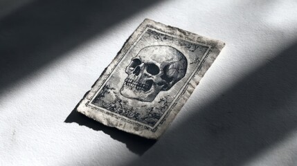 Vintage skull print, aged and creased, on a light surface, with sunlit shadows