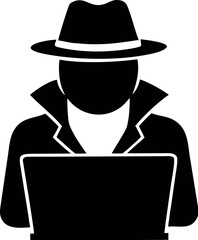 Mysterious hooded hacker with laptop computer flat icon vector