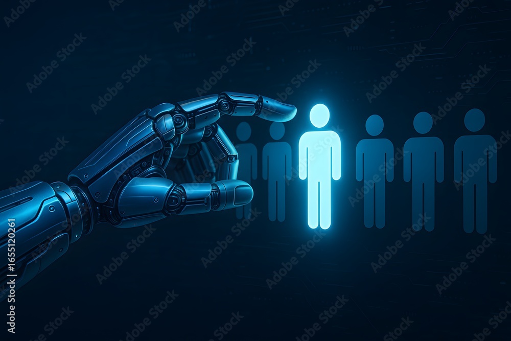 Poster artificial intelligence selects human figure representing choice and recruitment in a futuristic tec