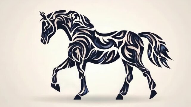 Abstract tribal horse with black and white patterns in artistic. 2026 year red fiery horse according calendar