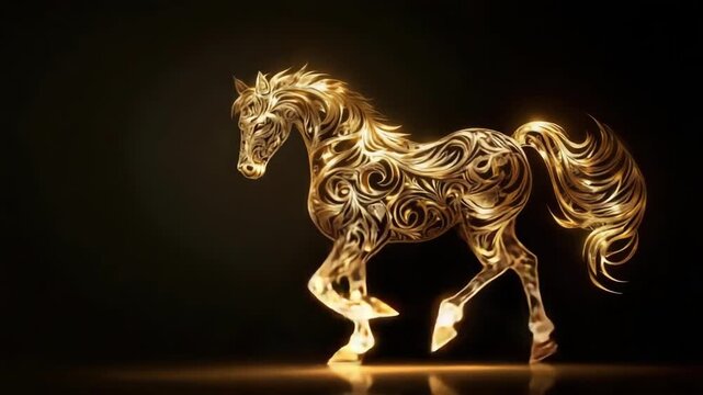 Intricate golden horse with elegant swirling patterns on dark background. 2026 year red fiery horse according calendar