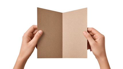 Bifold menu held in hands mockup for café or restaurant branding - isolated on transparent background 