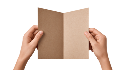 Bifold menu held in hands mockup for café or restaurant branding - isolated on transparent background 