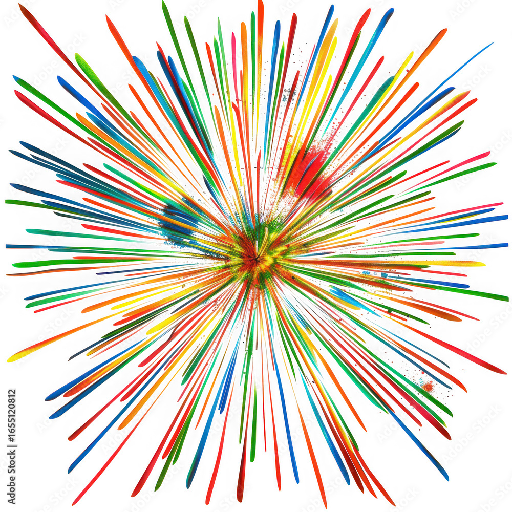 Poster a colorful abstract explosion of lines and colors resembling a firework burst, isolated on a transpa