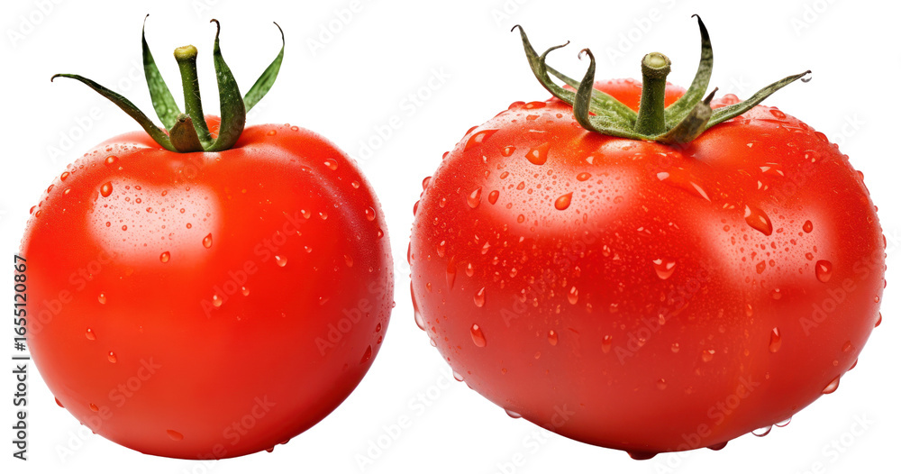 Poster png two fresh tomatoes with water droplets on a white background element set on transparent backgrou