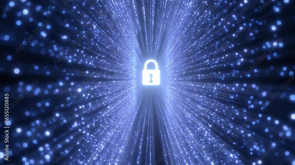 Aufkleber digital fortress: a luminescent padlock floats at the heart of a futuristic tunnel made of light and
