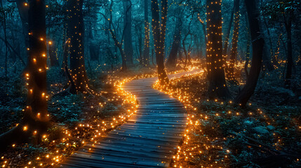 Fantasy forest at night, magic lights and walkway in dark fairytale wood