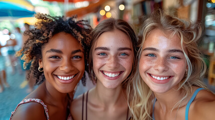 Obraz premium best friends taking selfie walking on city street - Happy young people having fun enjoying day out