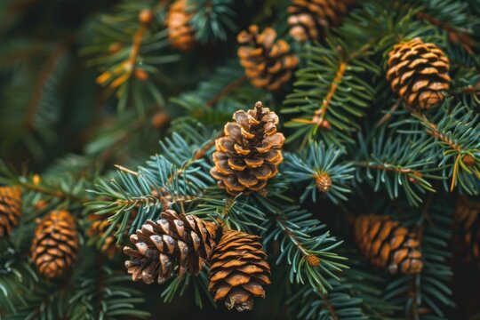 Close up of pine cones growing on evergreen branches, creating a natural and festive scene