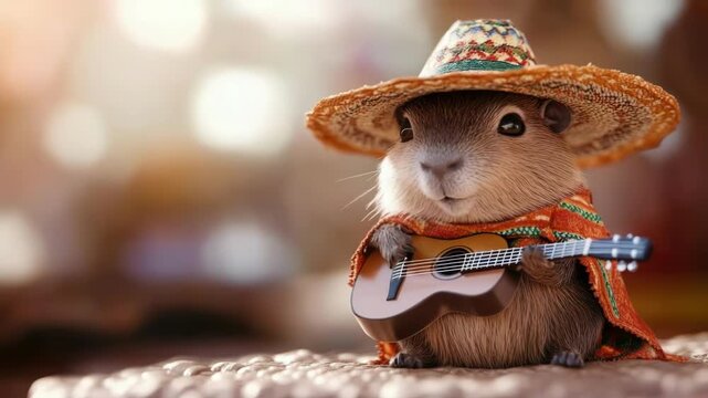 Cute hamster in sombrero playing guitar with colorful poncho in outdoor setting. Cinco de Mayo, Battle of Puebla Day, Mexican Heritage Festival - Latin American Cultural Celebration
