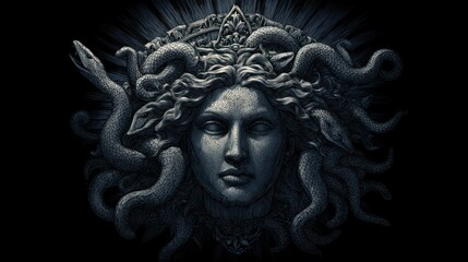 Medusa's head, sculpted in grayscale, snakes adorn her