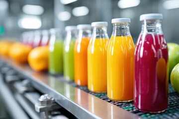 Fresh fruit juices displayed in colorful bottles ready for production in a modern facility
