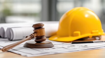 Gavel blueprints and safety helmet on desk