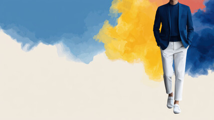 A fashionable figure in a blue blazer and white pants stands against a vibrant, colorful background, blending style with artistry.